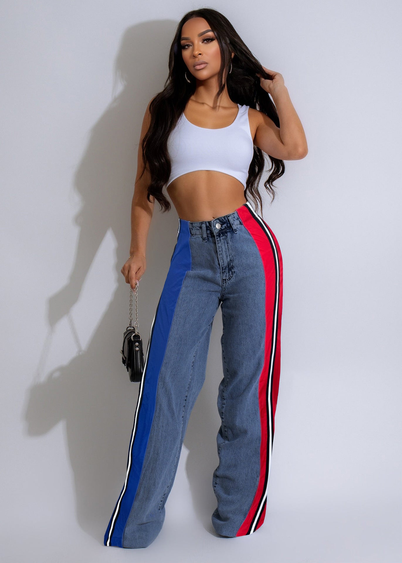 Women's Fashion Patchwork Striped Contrast Denim Pants Casual Straight Pants 3