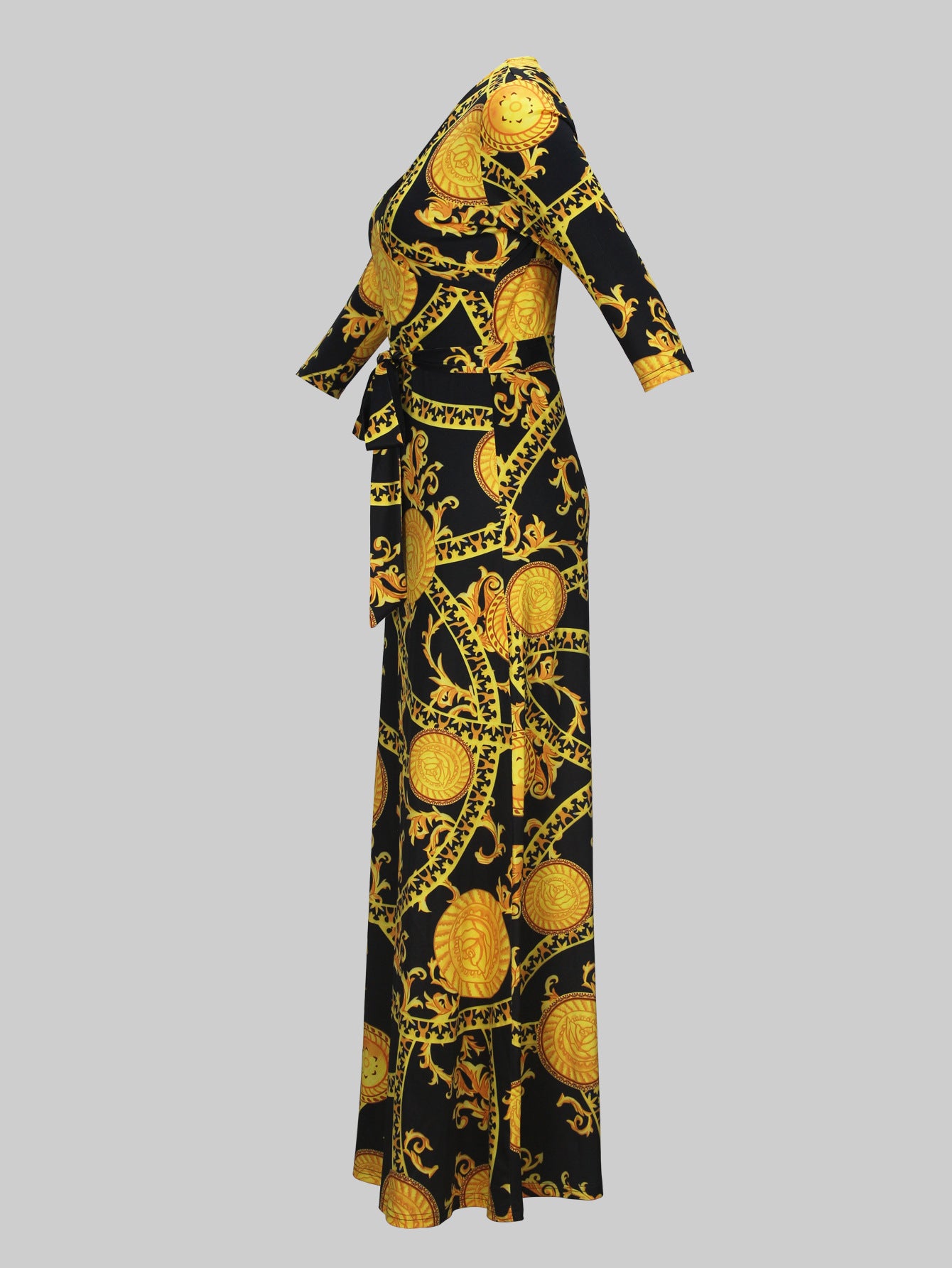 Spring & Autumn Women's Fashion Elegant Wrap V-Neck Half-Sleeve Print Belt Maxi Dress 95