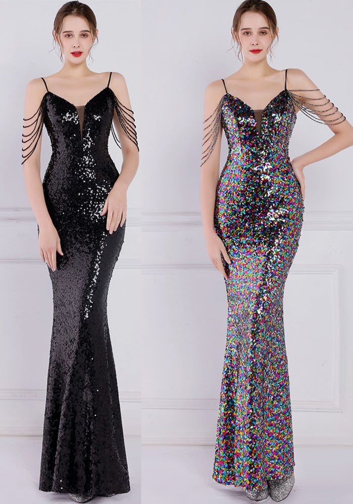 Women Summer Vintage Strap Sleeveless Solid Sequined Mermaid Evening Dress