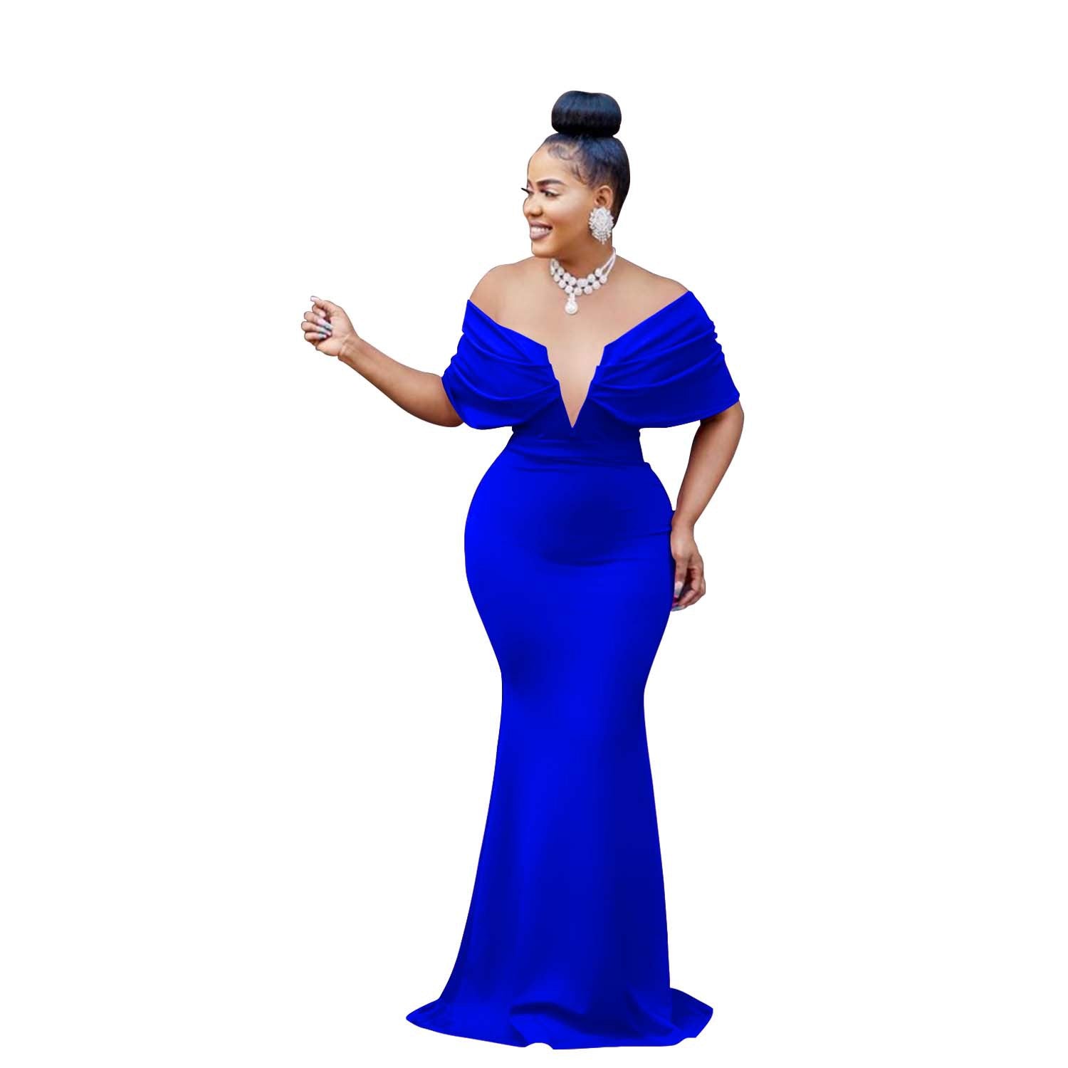 Women's Fashion Solid Color Off Shoulder Deep V Low Back Mermaid Dress 12