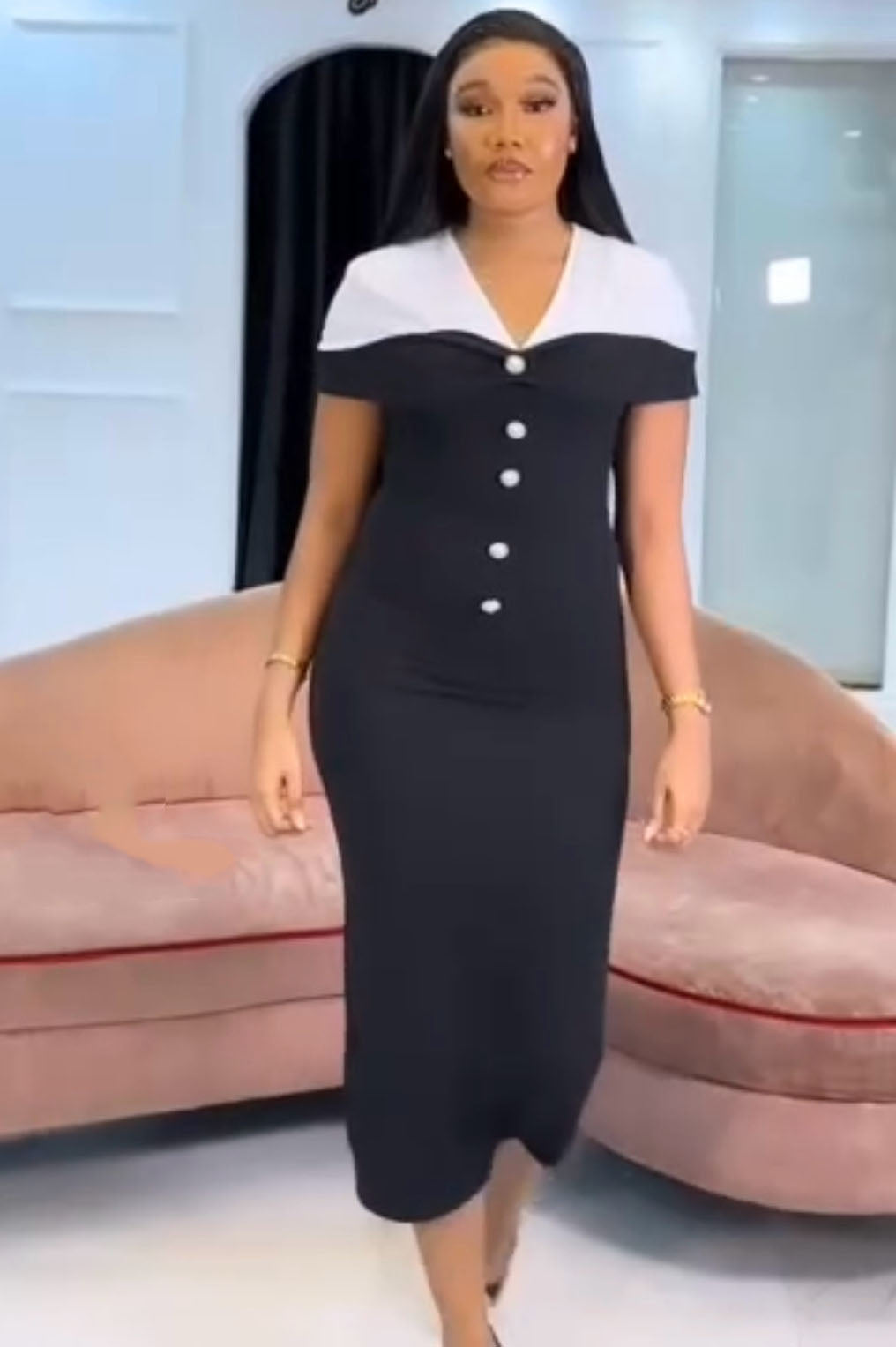 Chic Career Slim V-Neck Button Color Matching Bodycon Dress 3