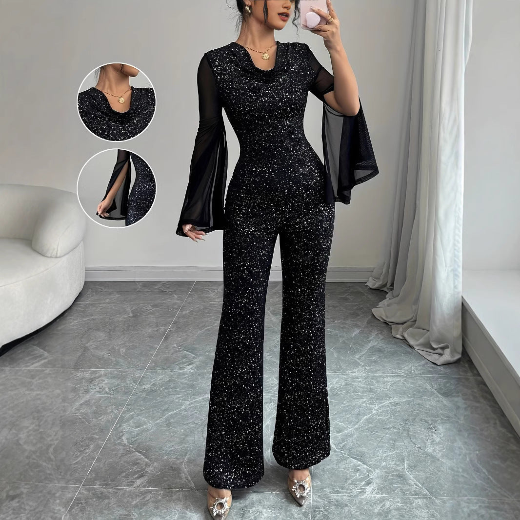 Women Elegant Slit Mesh Knitting Jumpsuit 6