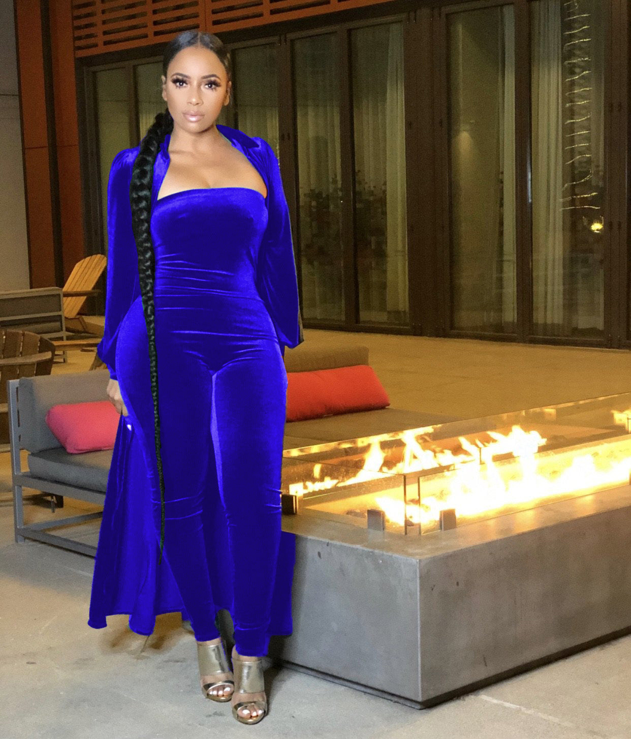 Sexy Velvet Strapless Women Jumpsuit Jacket Two Piece Set 5