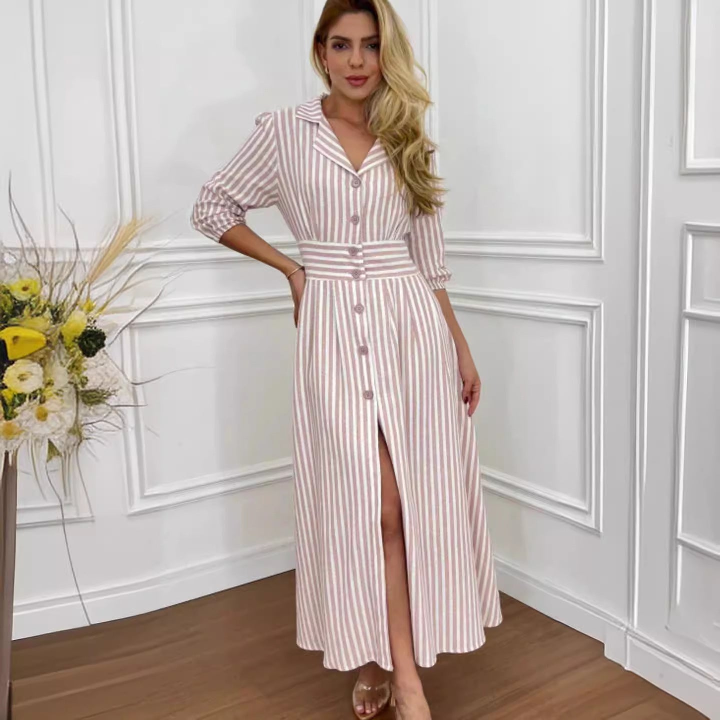 Summer Fashion Stripe Print Elegant Chic Shirt Dress 6