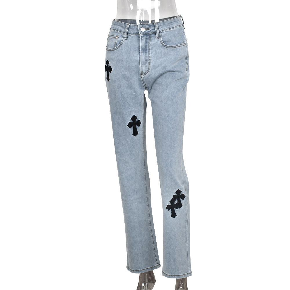 Sexy Low Rise Denim Embroidered Cutout Style Stretch Tight Fitting Pants 16