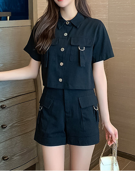 Two-piece summer Cargo style short-sleeved jacket wide-leg shorts women's suit 4