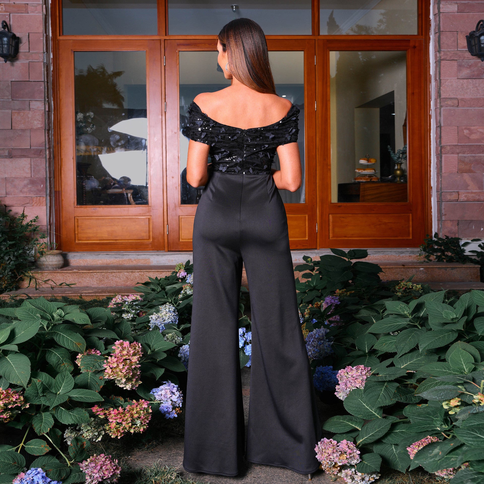 Women's Clothing Off Shoulder Short Sleeve Slim Waist Chic Jumpsuit Evening Party Wear 4