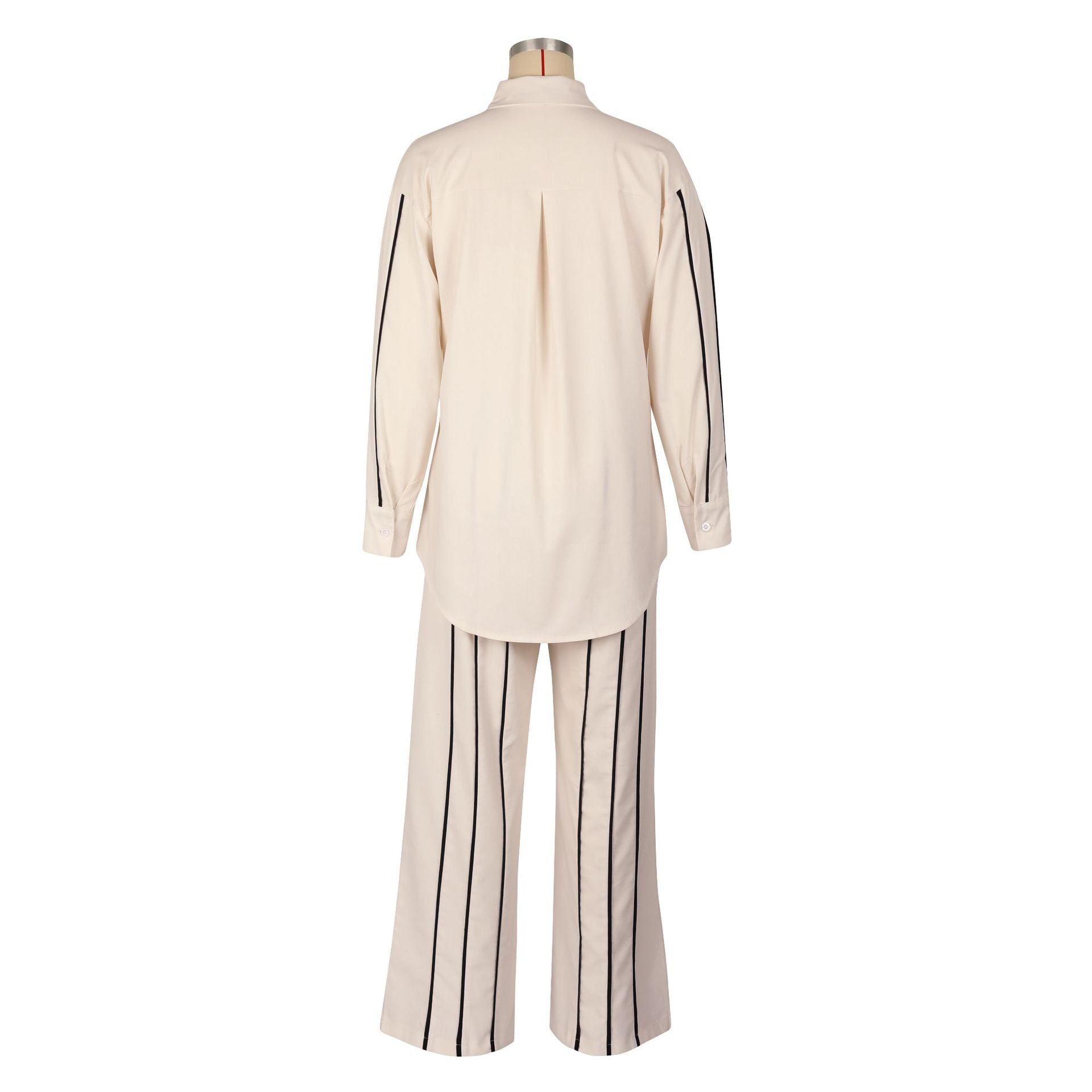 Women's Spring Autumn Stripes Patchwork Stripes Long Sleeve Linen Shirt Pants Two-Piece Set 6