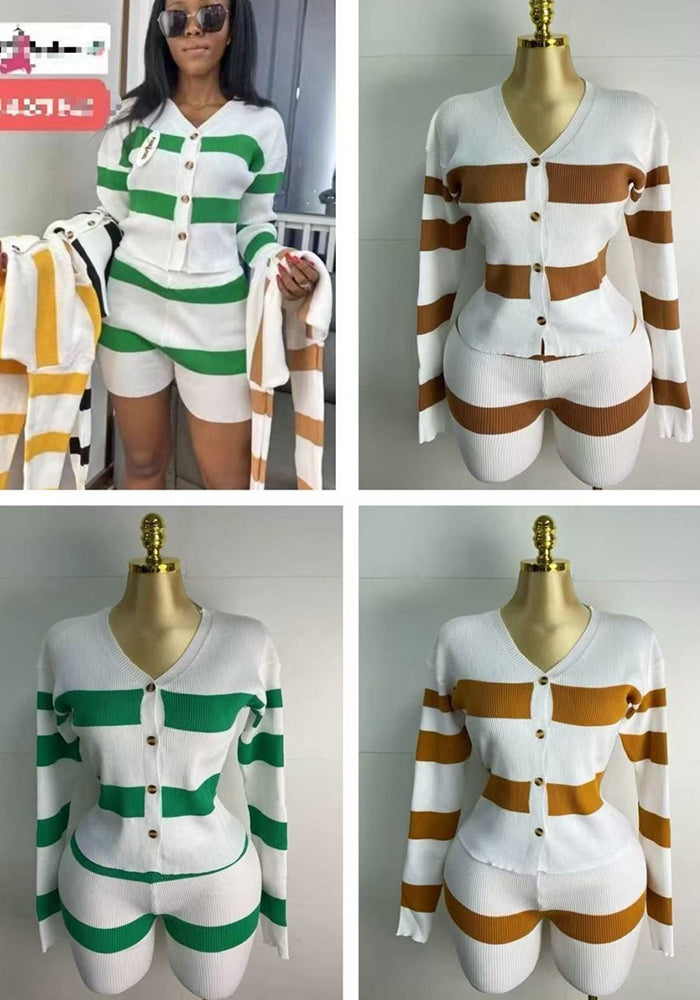 Women Casual V-neck Striped Knitting Sweater and Shorts Two-piece Set