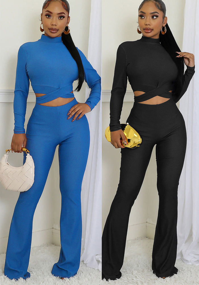 Long-Sleeved Tight Slim Top High Waist Bell Bottom Stretch Pants Set