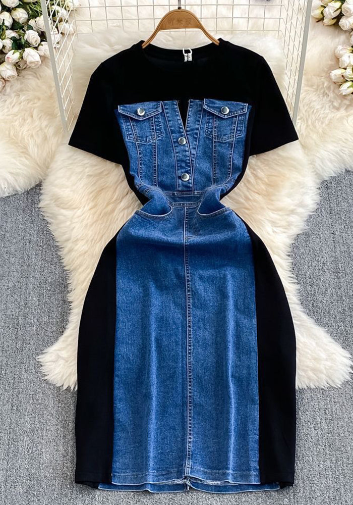 Women Short Sleeve Round Neck Denim Patchwork Casual dress
