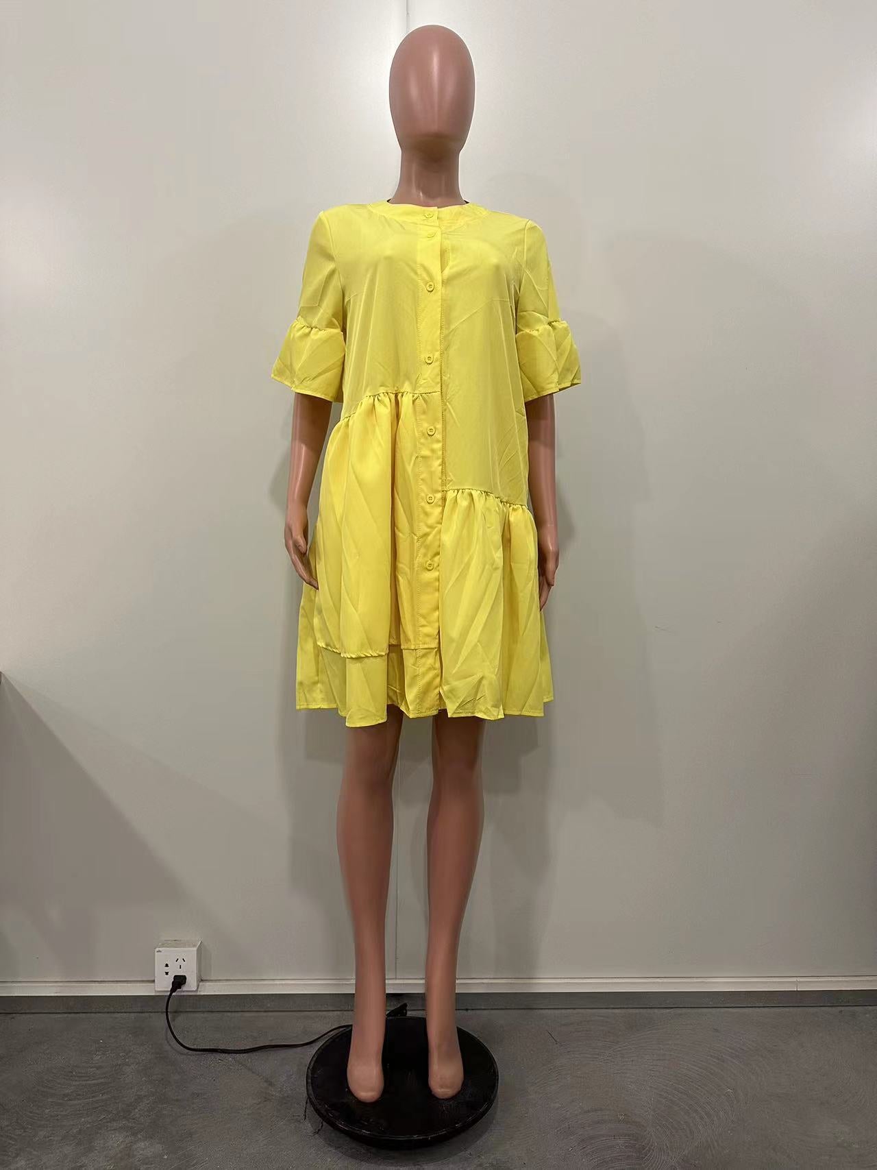 Spring Summer Bell Bottom Wide Sleeves Solid Color Women's Dress 20