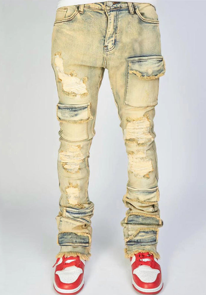 Men's Ripped Denim Cargo Straight Pants