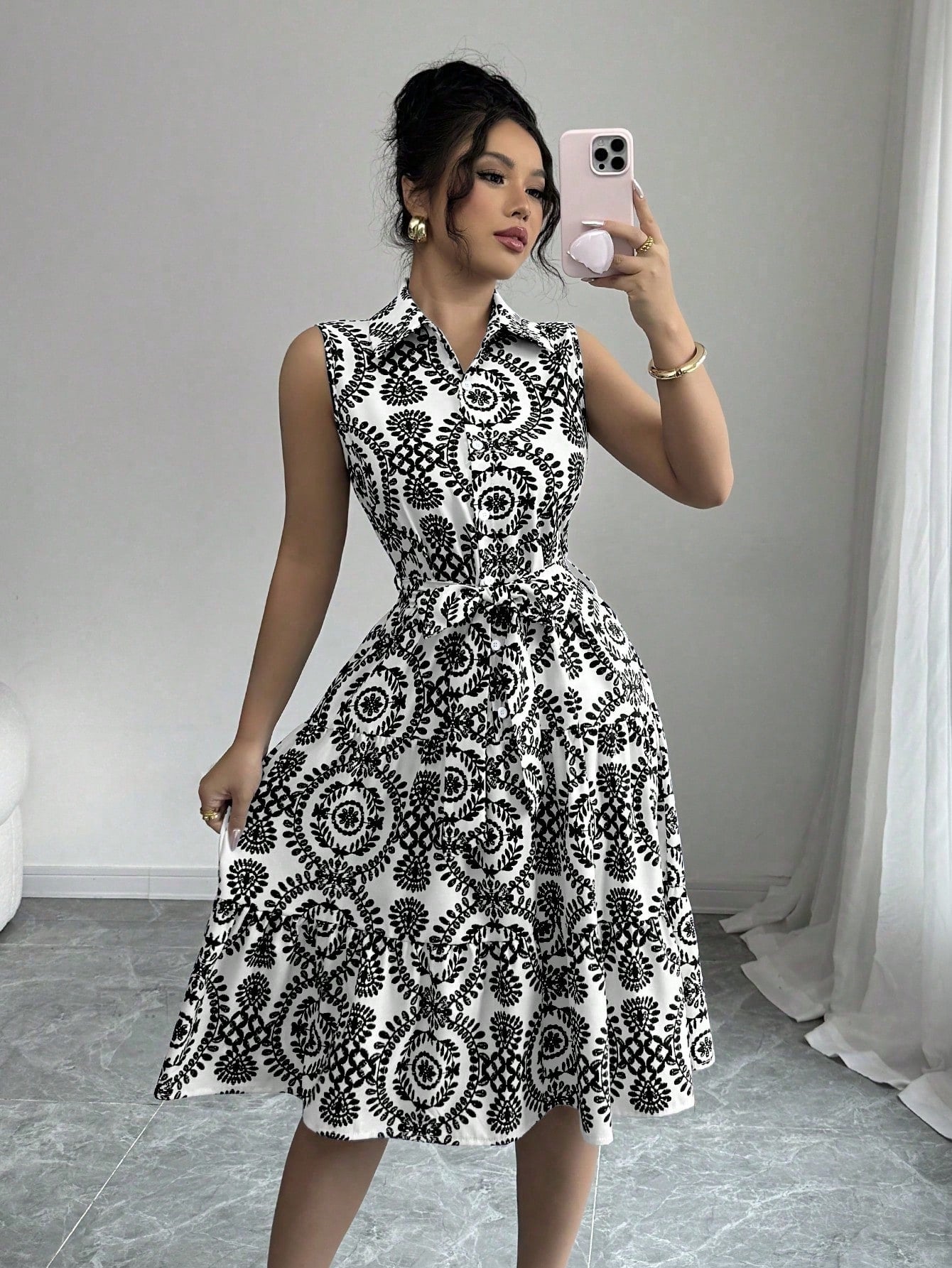 Women Lace-Up Print Sleeveless Dress 7