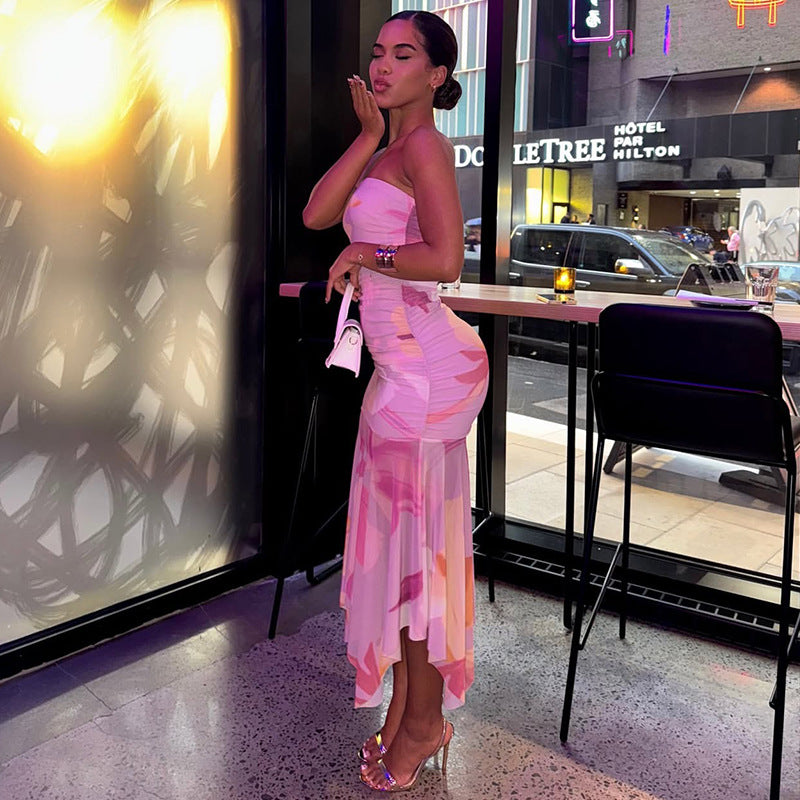 Women's Sweet See-Through Mesh Patchwork Off-Shoulder Slim Fit Dress 3