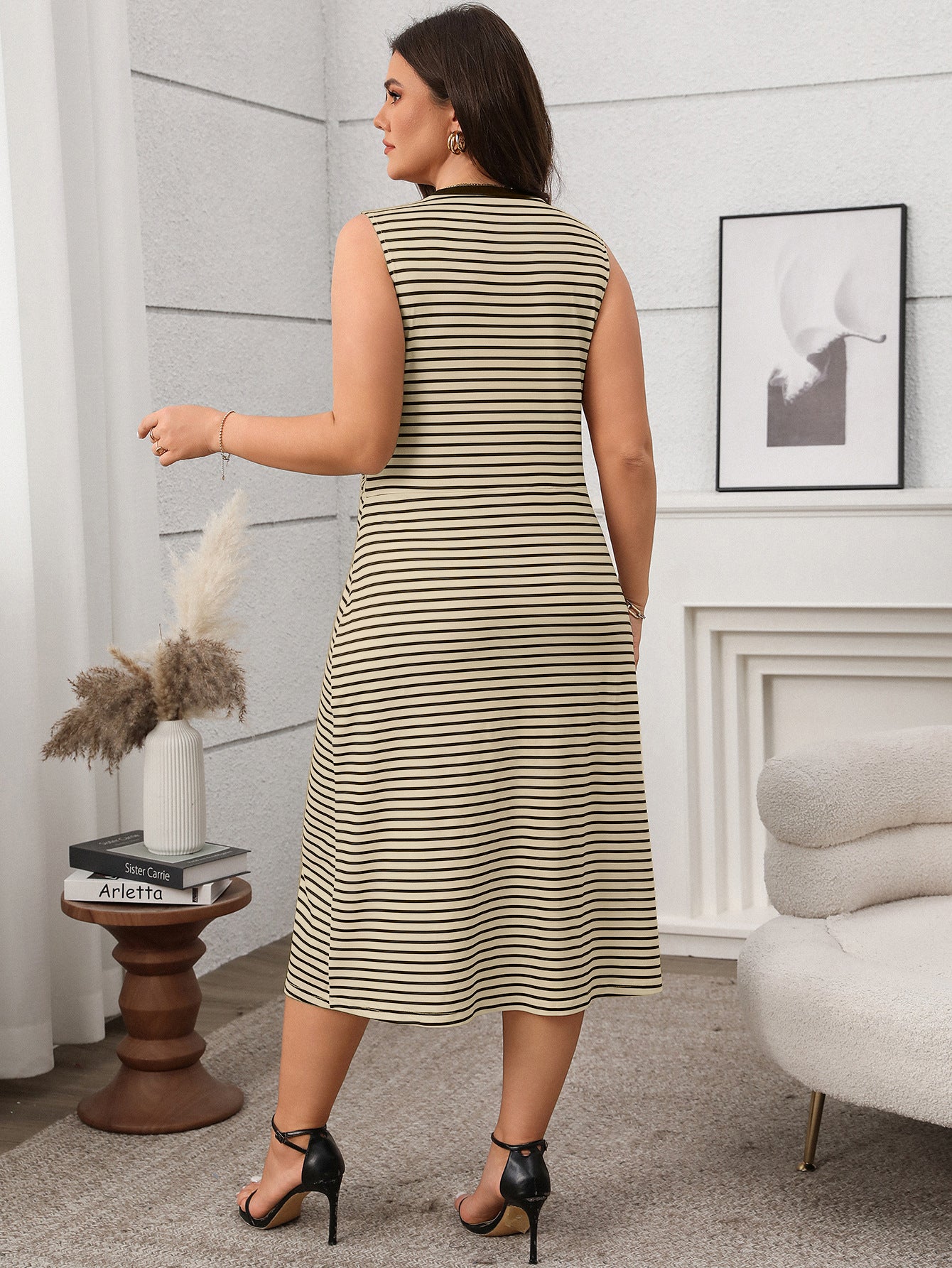 Women's Spring/Summer Plus Size High-Waist Round Neck Loose Striped Casual Dress 10