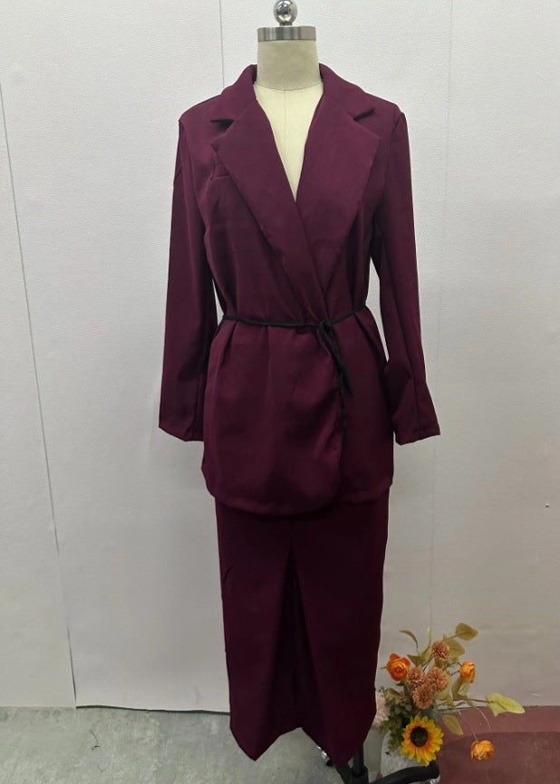 Women Fall Solid Lace-Up Blazer and Skirt Two-Piece Set 9