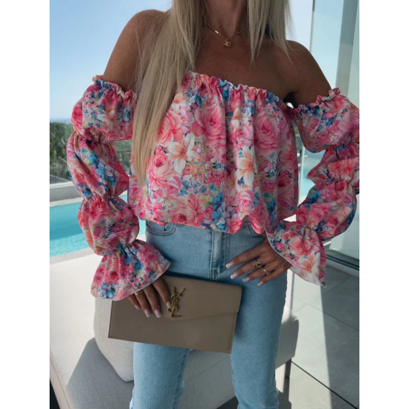 Off-Shoulder Solid Color Sexy Floral Print Long-Sleeve Shirt 7