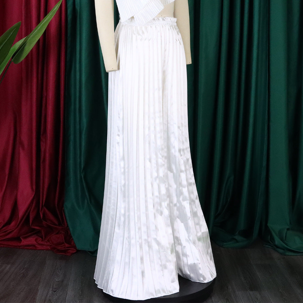 Summer Ladies Solid Color Casual Loose Pleated Wide Leg Pants African Trousers 11