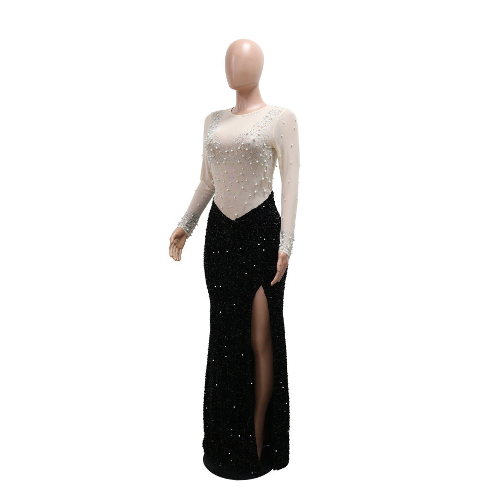 Round Neck High Slit Beaded Fashion Dress 7