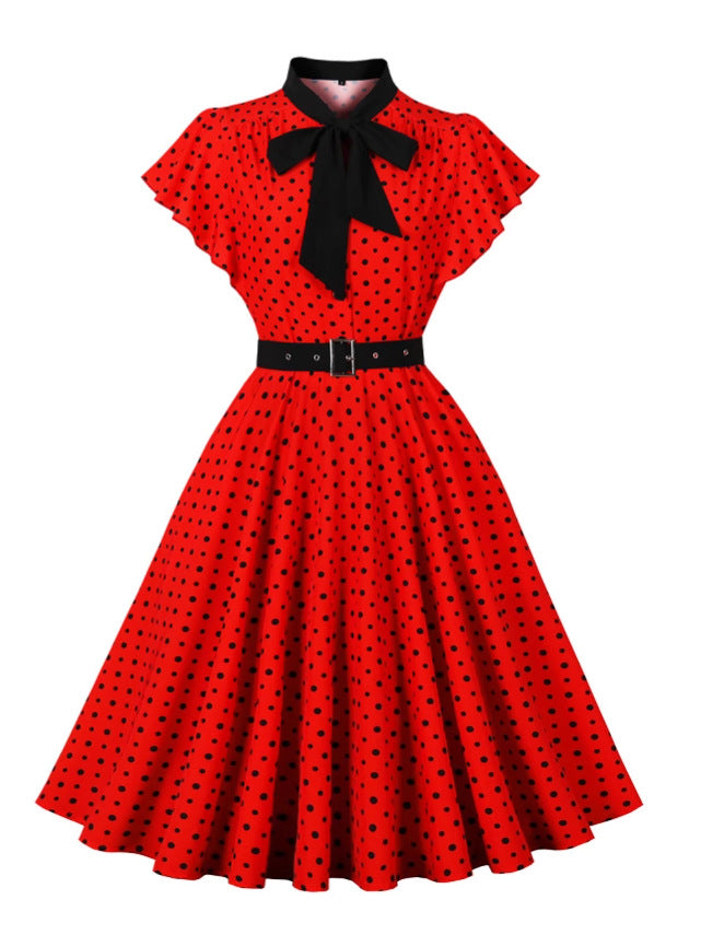 Women's Short-Sleeve Round Neck Knee-Length Retro Polka Dot A-line Dress 7
