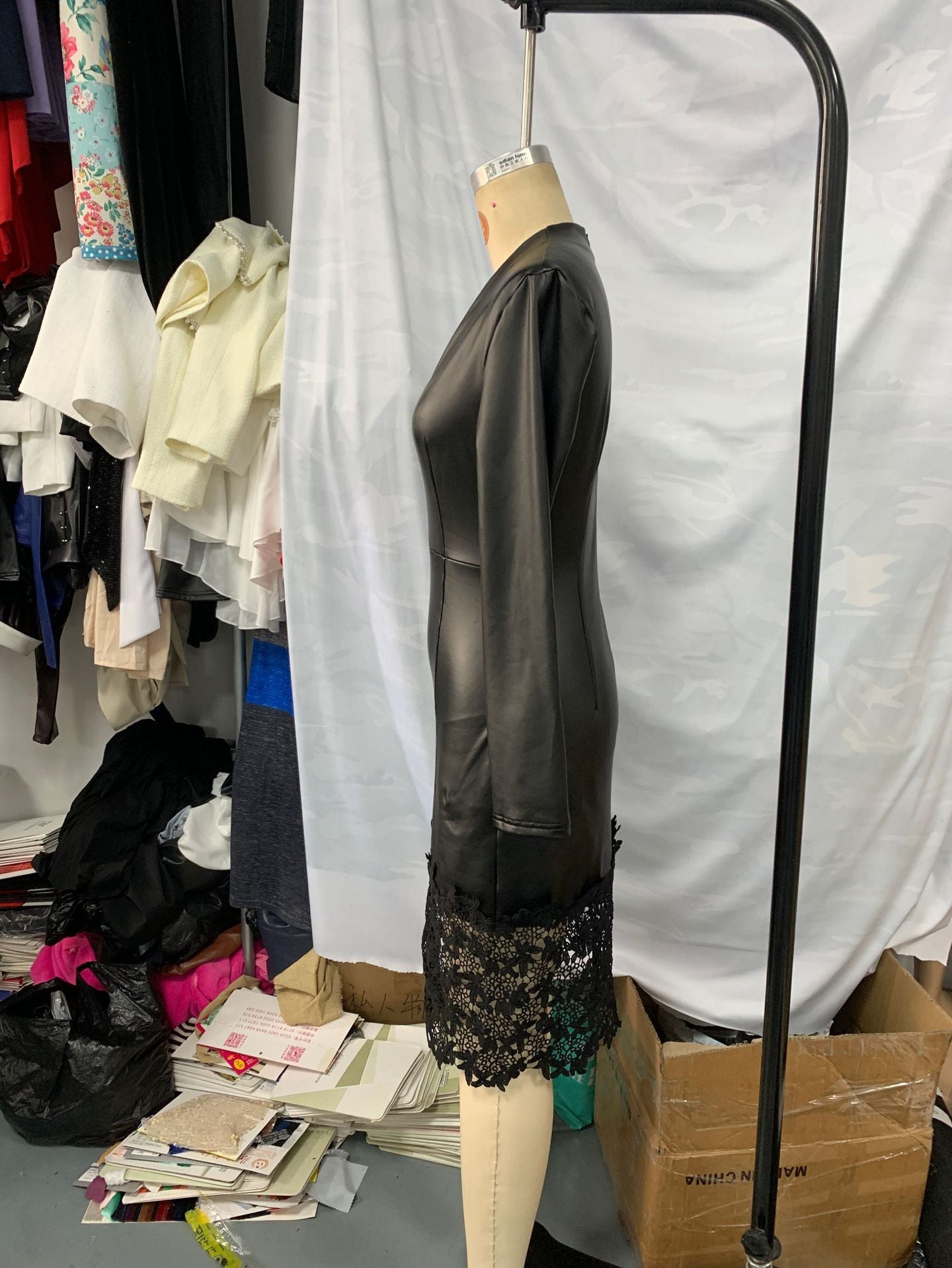 Women V-neck sexy PU-leather dress 5