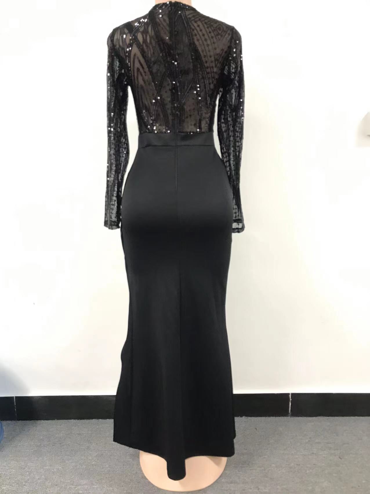 Women Elegant Long Sleeves Sequins Slit Evening Dress 23
