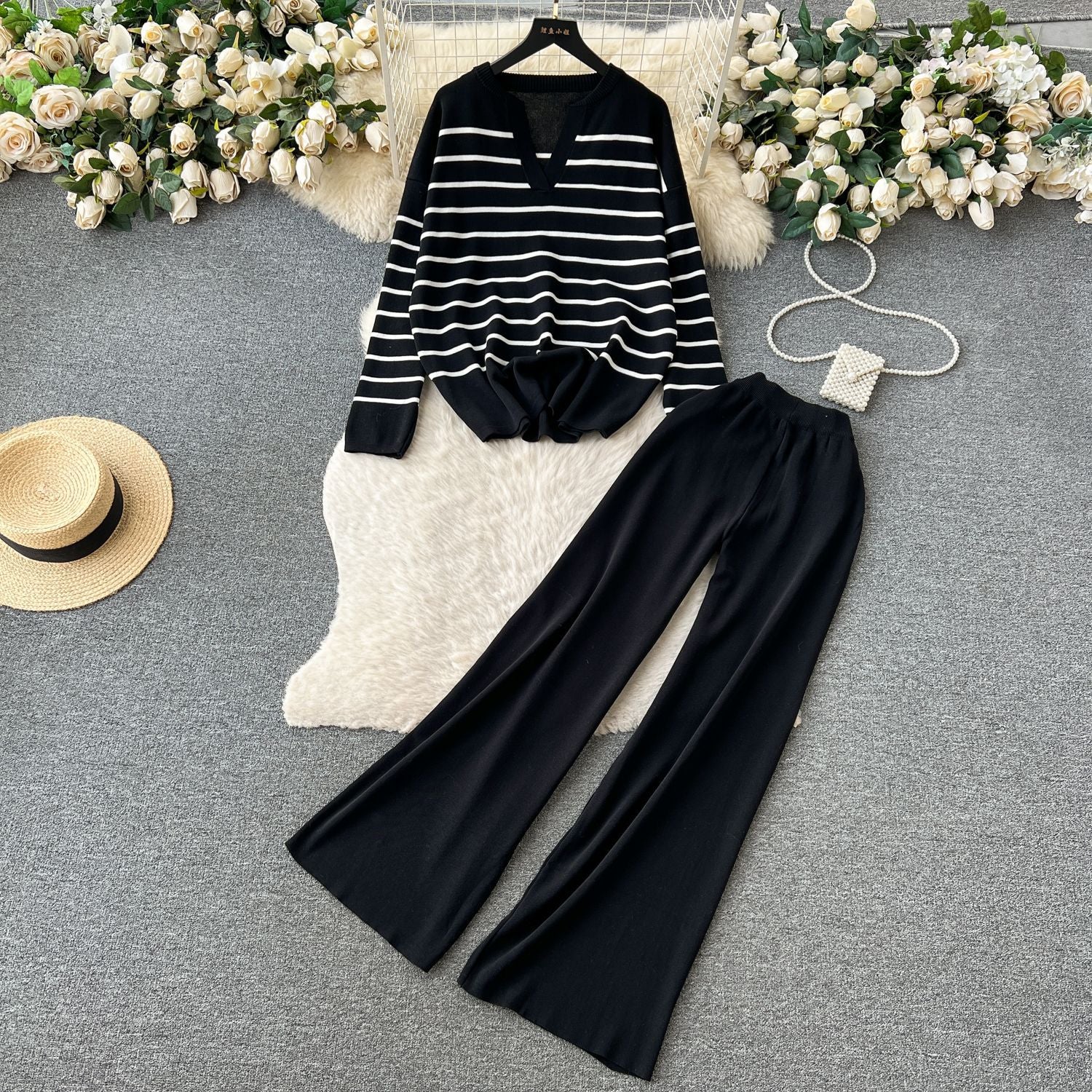 Women Casual V Neck Striped Knitting Top and Pants Two-piece Set 5