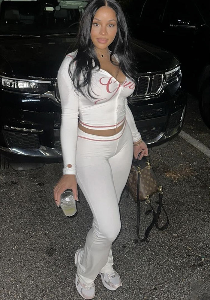 Summer Slim Letter Print Hooded Zipper Top & Trousers Set