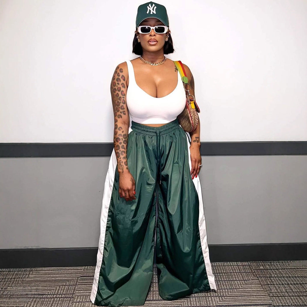 Women casual color matching drawstring wide leg pants