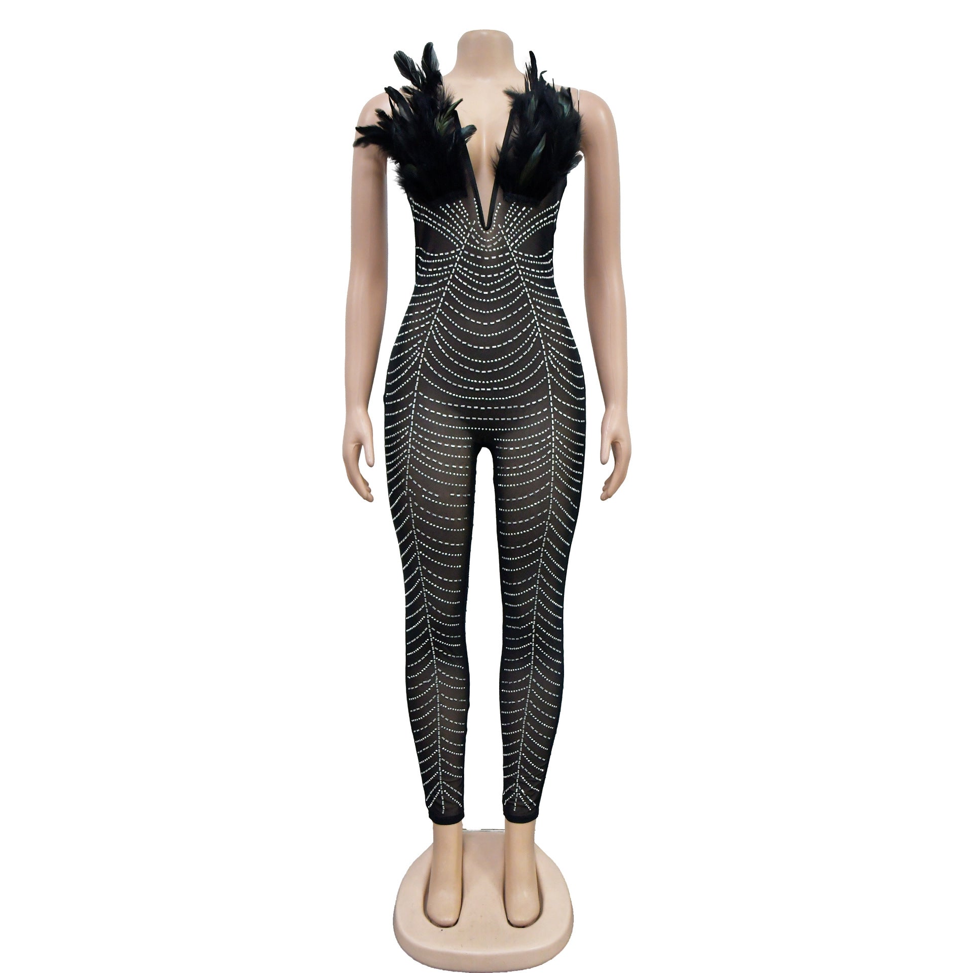 Women Solid Sexy Mesh Beaded Jumpsuit 19