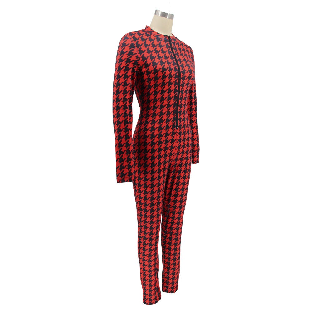 Spring Women's Plaid Print Round Neck Zipper Casual Jumpsuit 21