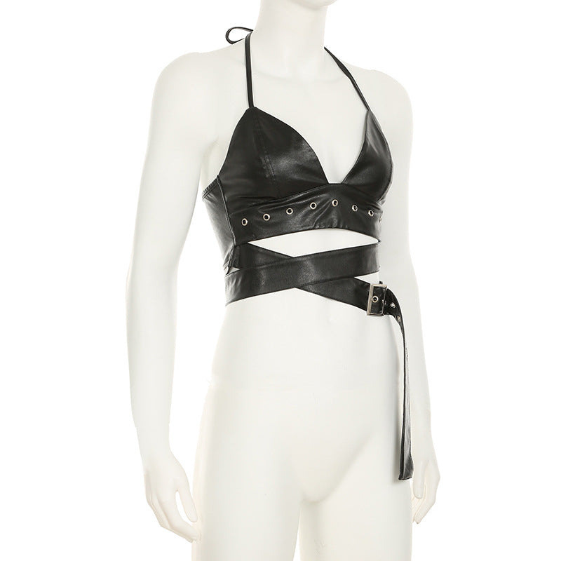 Punk Sexy Leather V-Neck Strap Vest Top Hollow Pin Buckle Adjustable Skirt Set 13