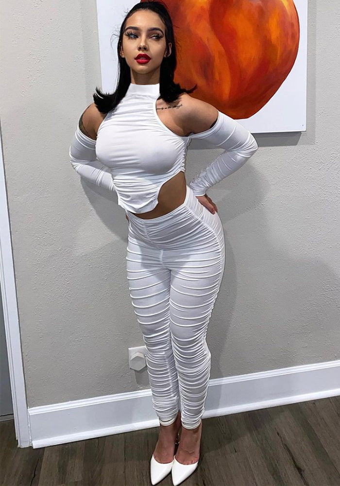 Women off-shoulder stand collar irregular pleated top and pants two-piece set