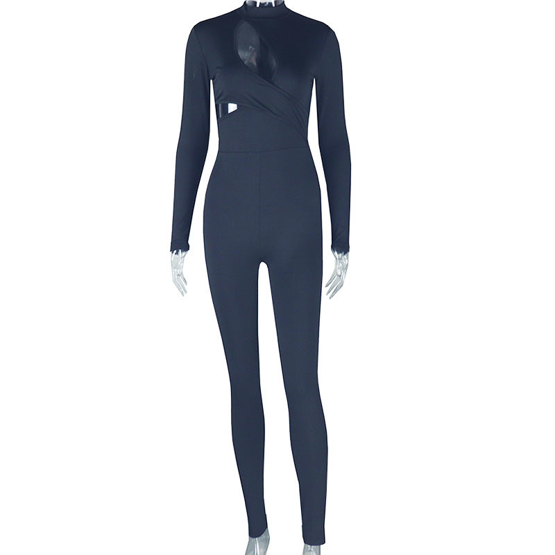 fashionable women's clothing solid color long sleeve hollow Tight Fitting jumpsuit 8
