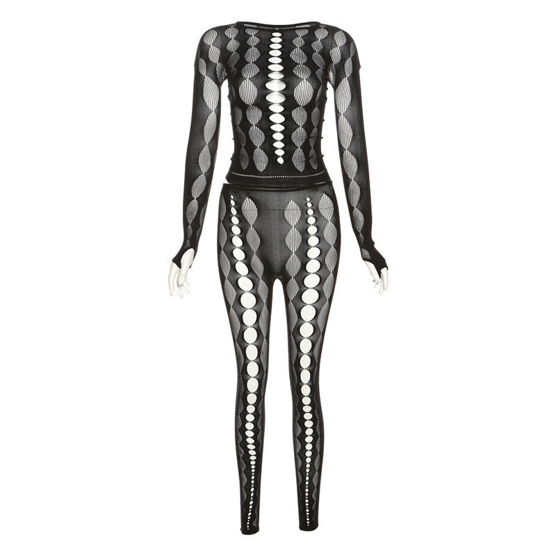 Fashionable Women's Sexy See-Through Mesh Jacquard Bodysuit Pants Two-Piece Set 7