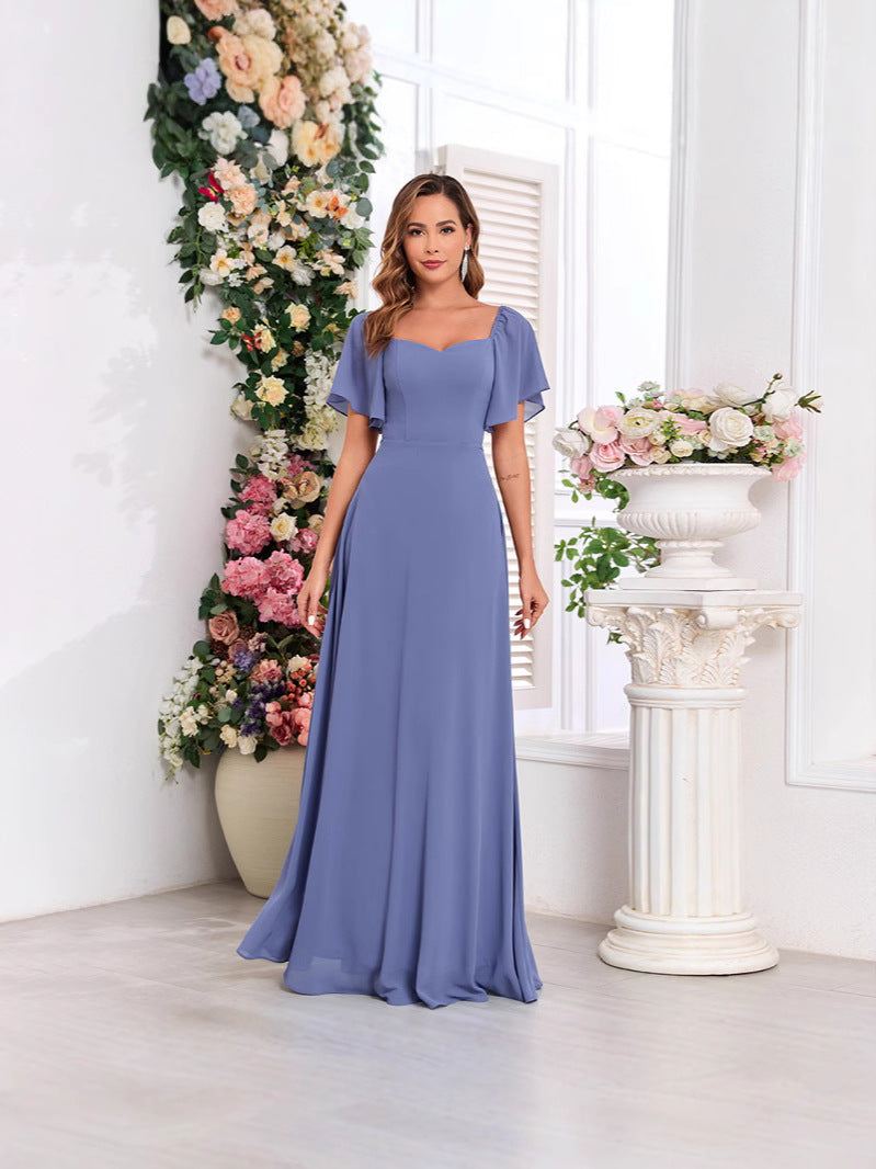 Chiffon Short Sleeve A-Line Dress Low-Back Elegant Evening Gown 4
