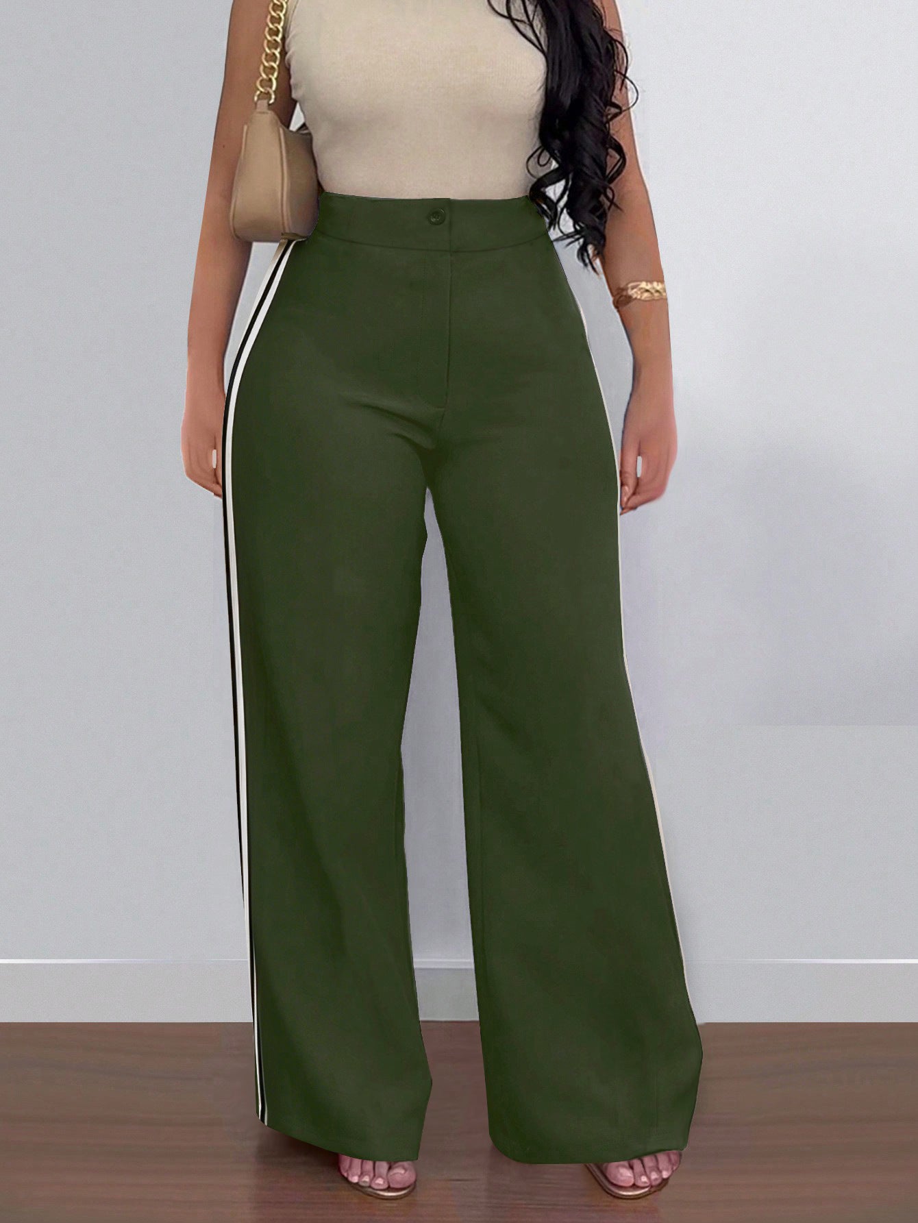 Women's Side Stripe High-Waist Straight Leg Casual Pants 10