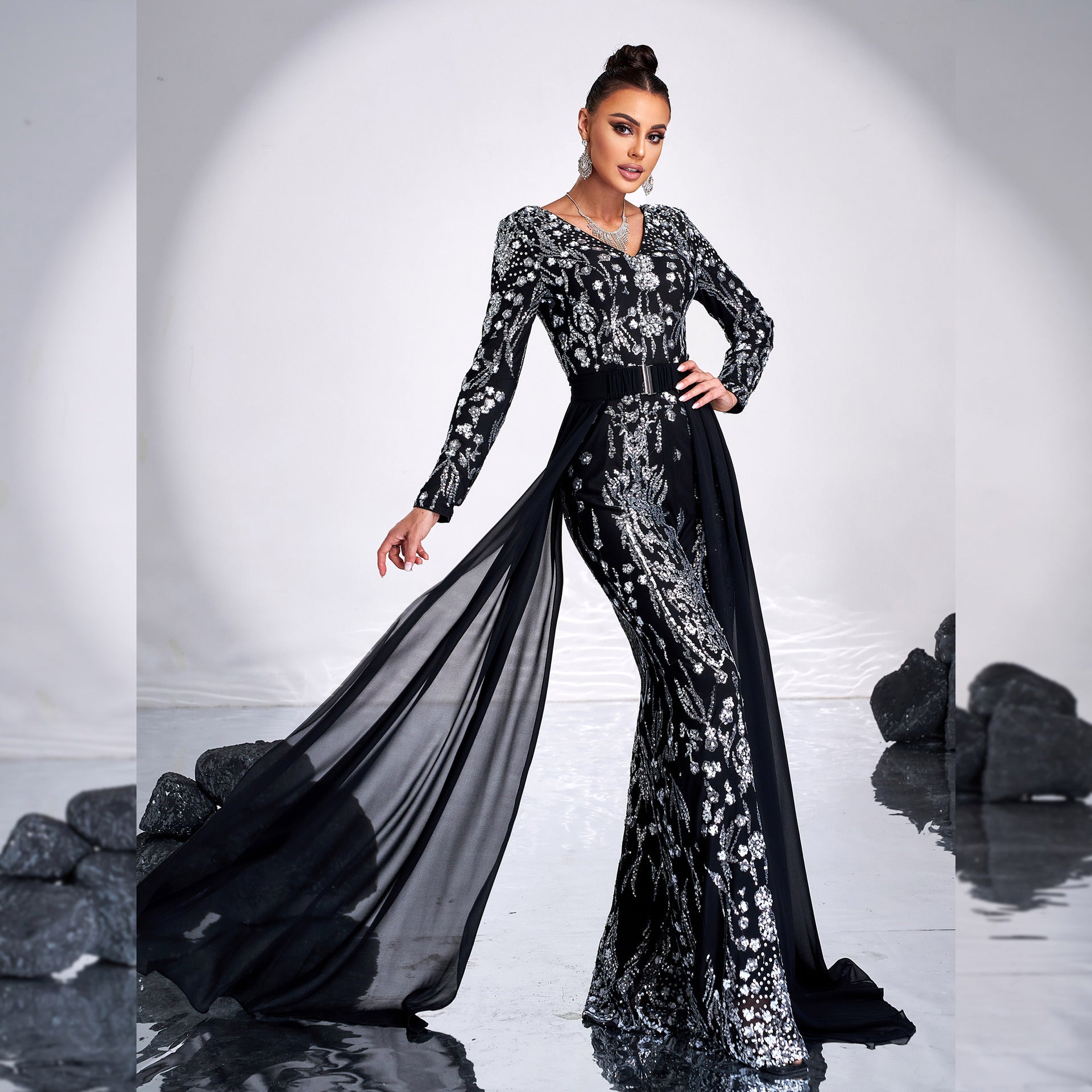 Women Chic V-Neck Long Sleeve Long Sequin Formal Party Jumpsuit