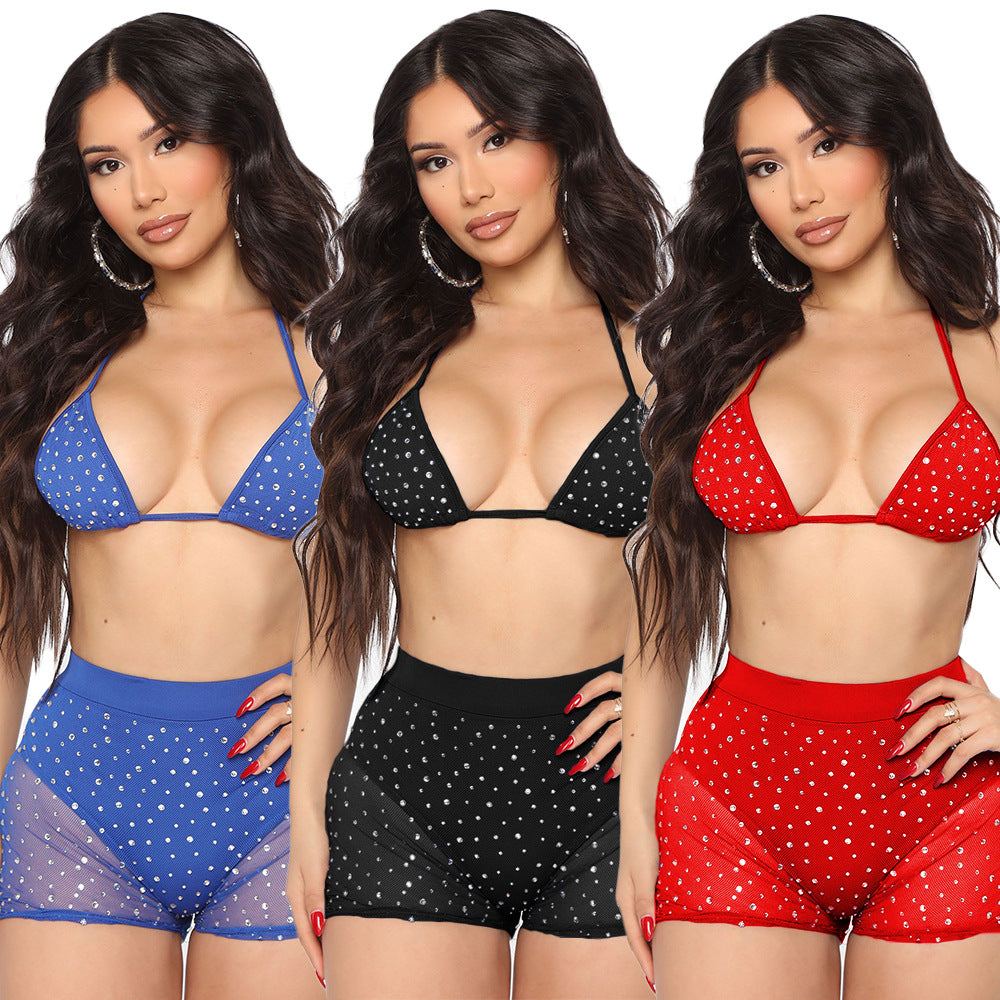 Women's Fashion Sexy Tight Fitting Mesh See-Through Beaded Two-Piece Shorts Set for Women
