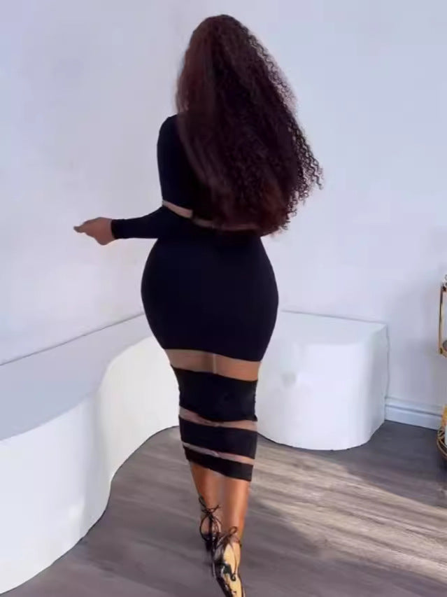 Sexy Mesh Patchwork High Neck Slim Long Dress 4