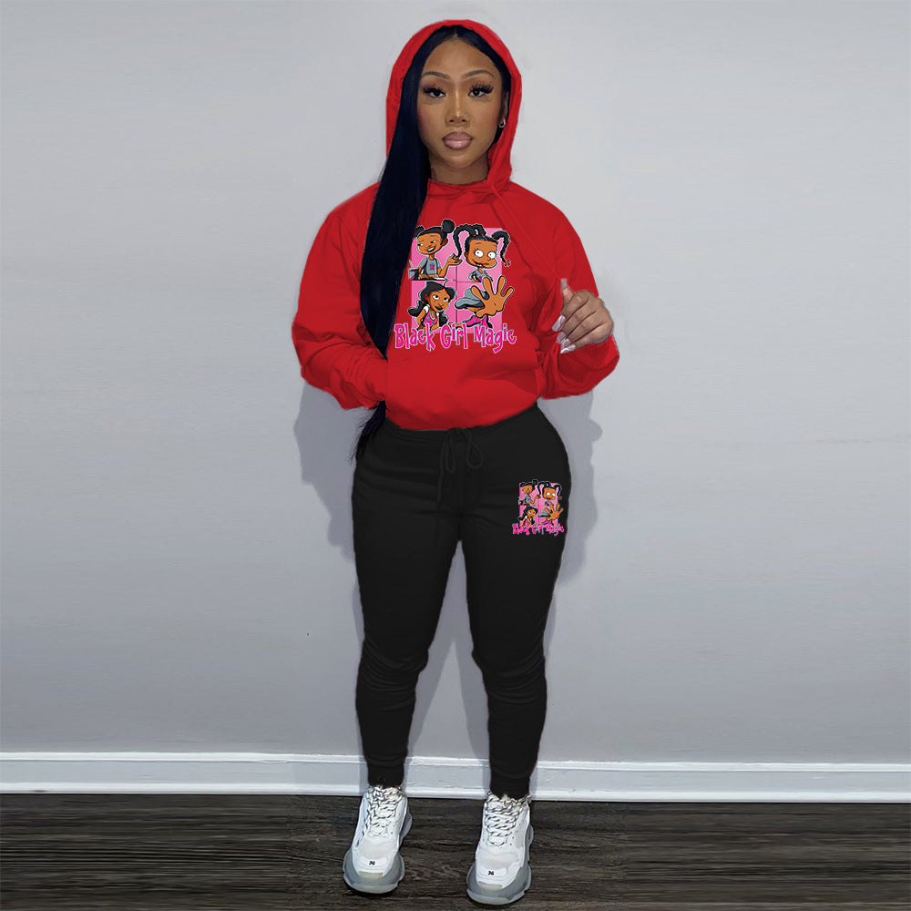 Women Printed Contrast Color Hoodies and Pant Sports Two-piece Set 5