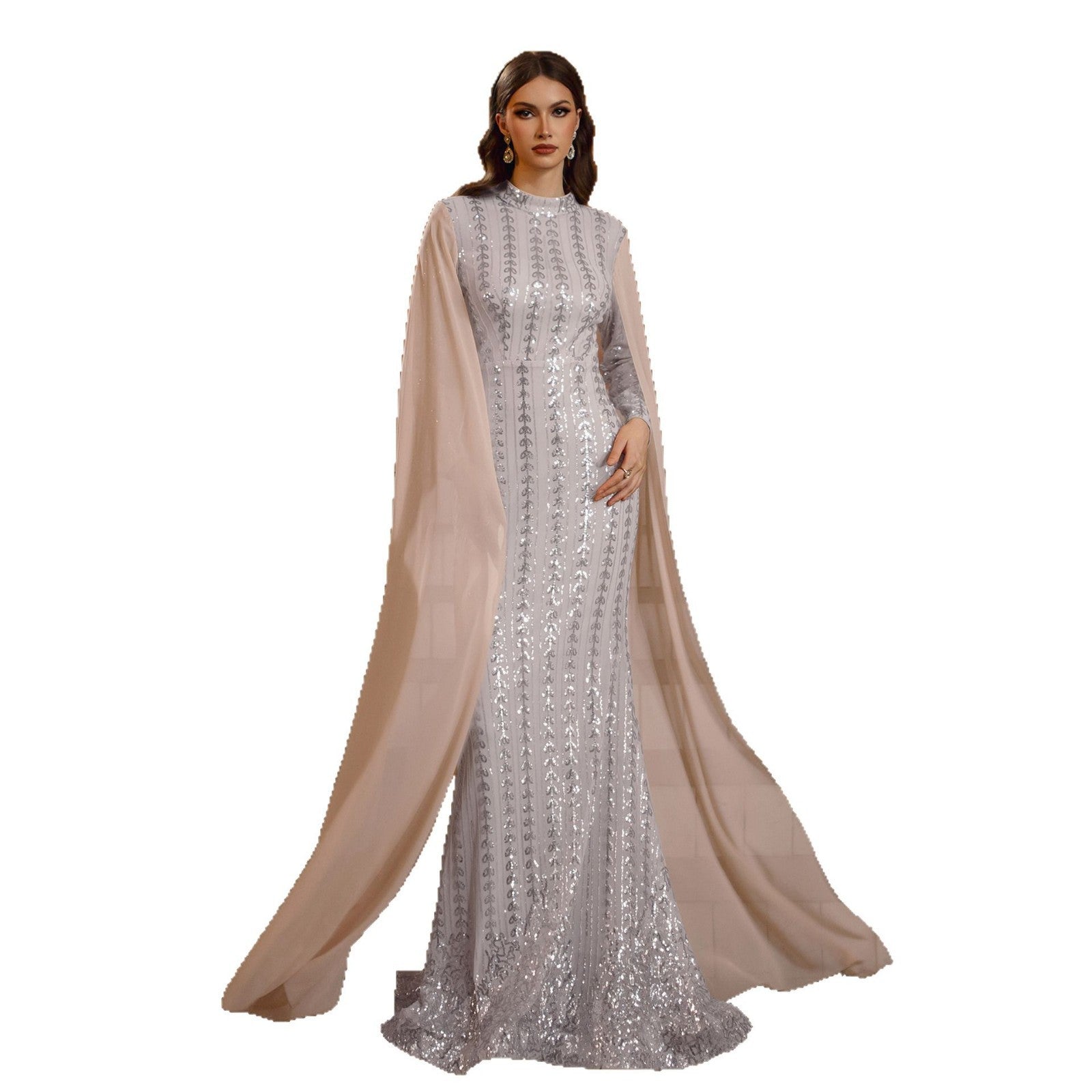 Women Long Sleeve Round Neck Bodycon Sequin Formal Party Fishtail Evening Dress 6