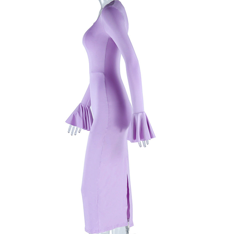Fashionable Round Neck Solid Color Bell Bottom Sleeve Slit Slit Midi Dress 12