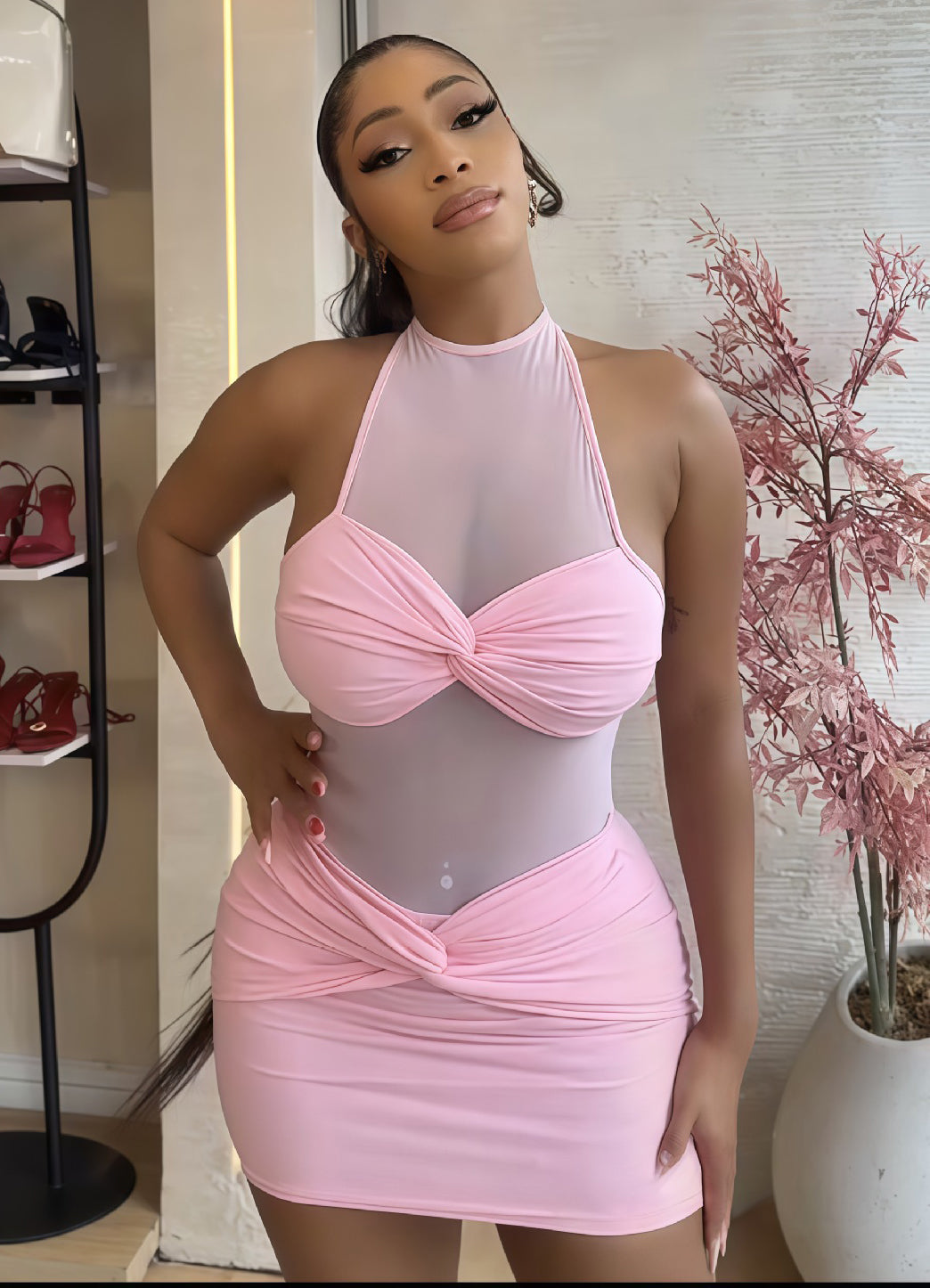 Women Fall Solid Sleeveless Halter Neck Sexy See-Through Mesh Patchwork Bodycon Dress