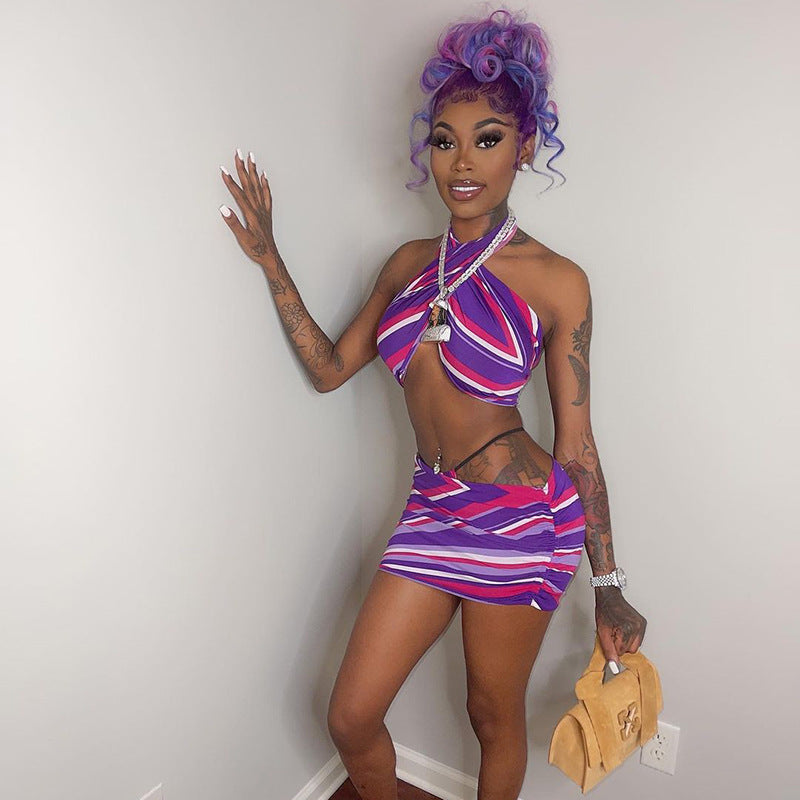 Women's Spring Summer Contrast Print Sleeveless Halter Neck Crop Top & Skirt Set 3