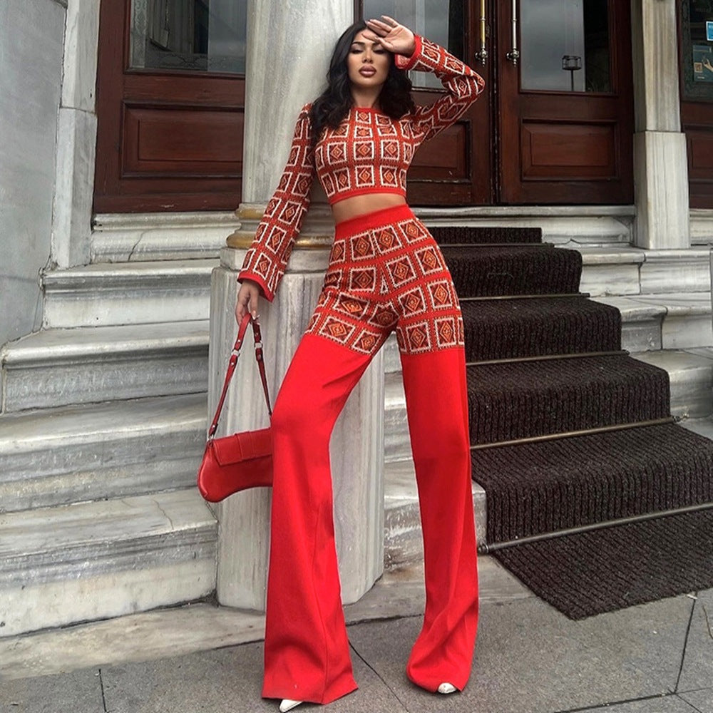 Women's Autumn Winter Printed Plaid Long Sleeve Short Top High Waist Straight Trousers Two Piece Set
