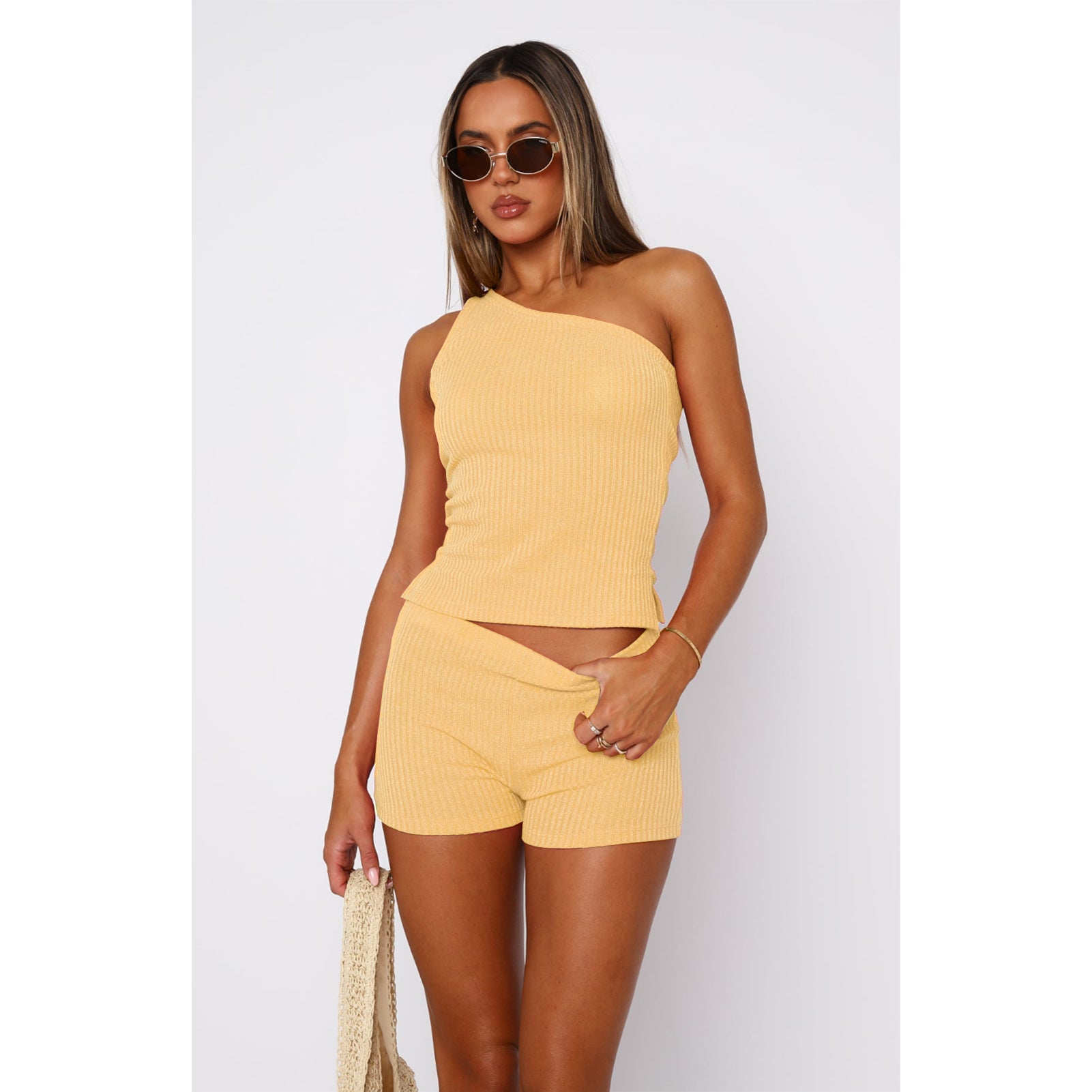 Women's One Shoulder Sleeveless Sweater Ribbed Shorts Two Piece Set 3