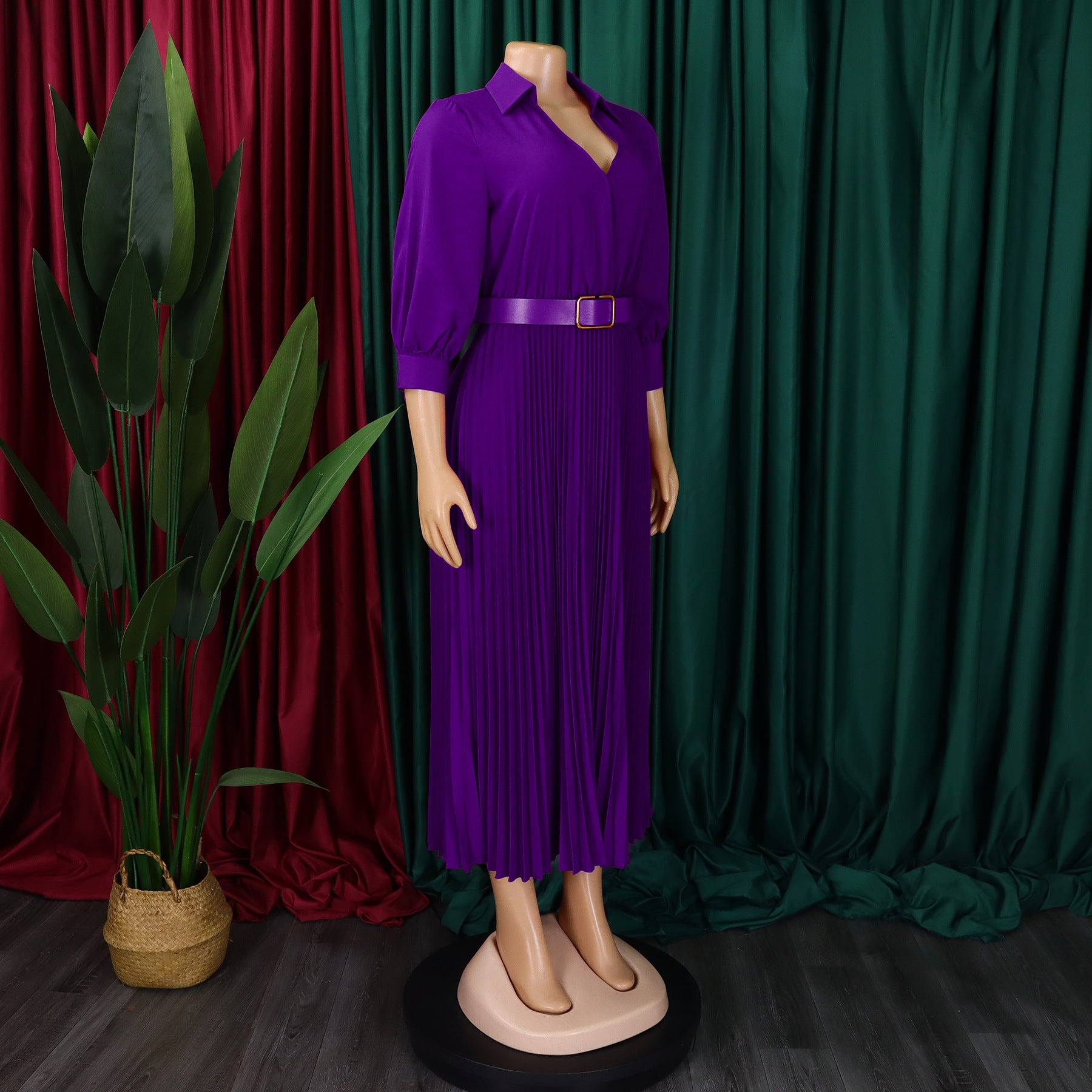 Spring V-Neck Solid Long Sleeve Pleated Dress for Women 13