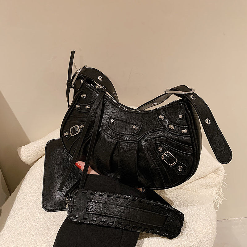 Diagonal pleated single shoulder women's retro rivet bag 34